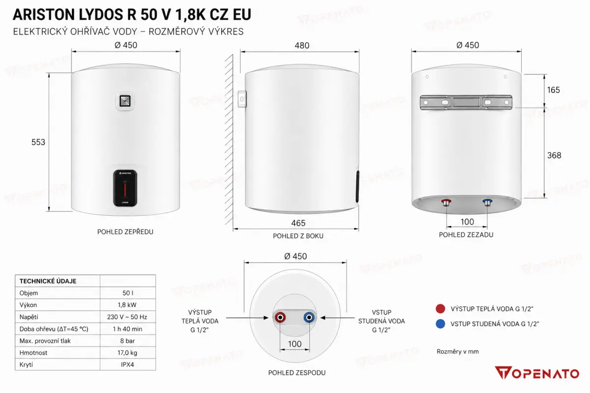 Rozměrový výkres - Ariston Lydos R 50 V 1,8K CZ EU.png